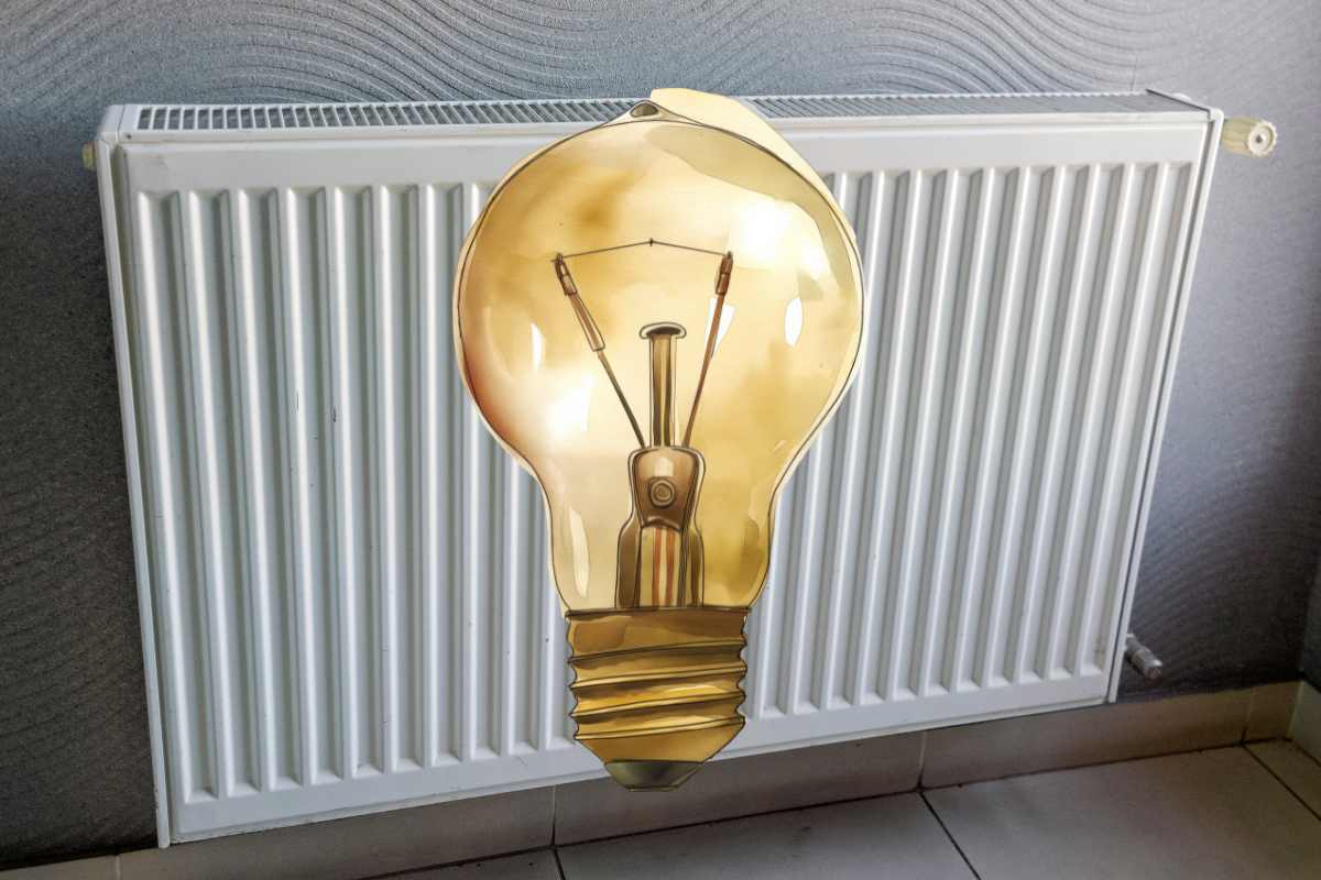 termosifone sullo sfondo e lampadina gialla al centro
