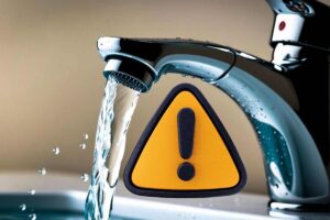 rubinetto dove esce acqua e simbolo giallo con attenzione