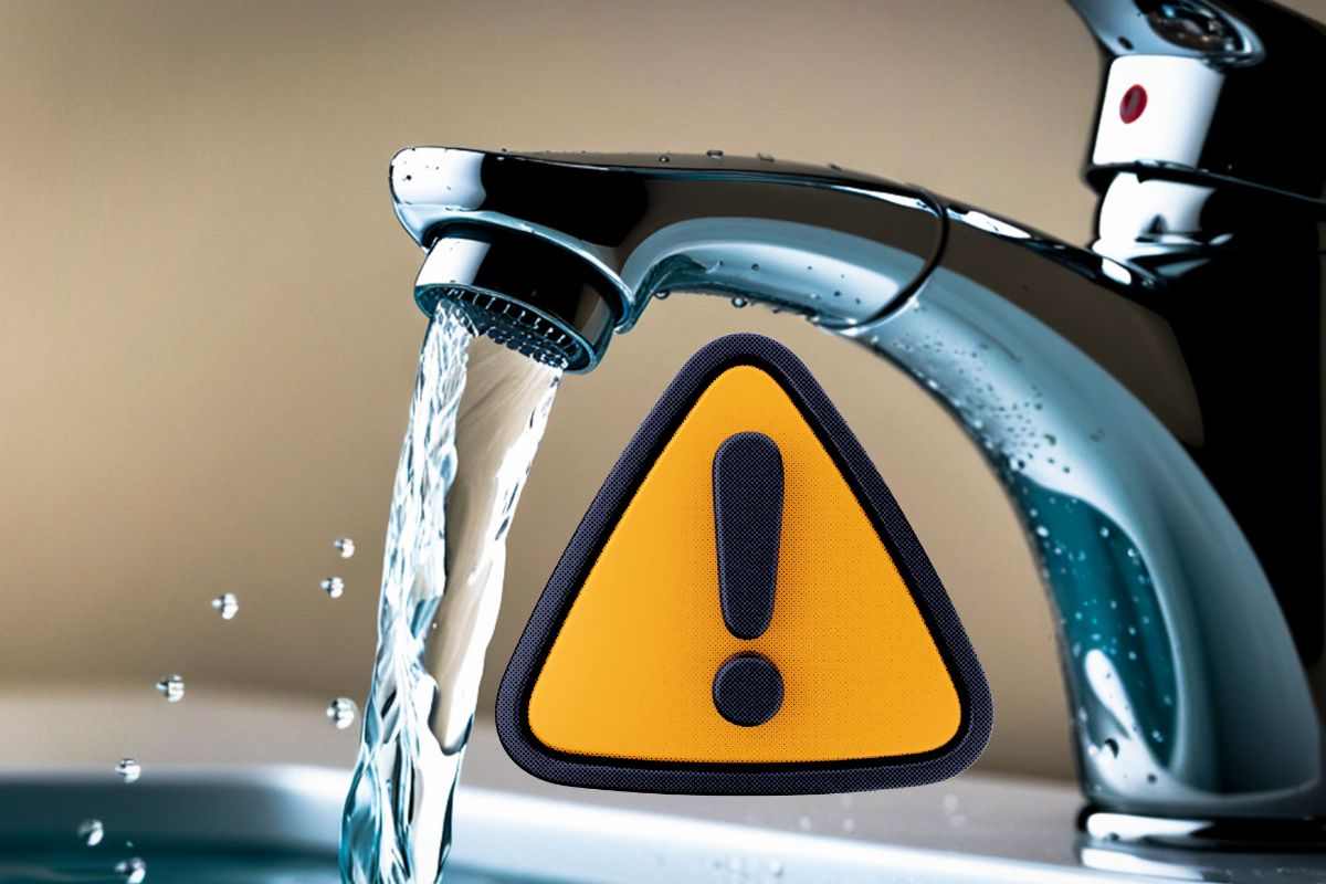 rubinetto dove esce acqua e simbolo giallo con attenzione