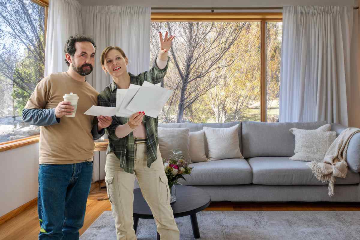 uomo e donna che guardano fogli su come arredaree e salotto sullo sfondo
