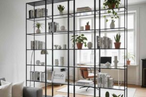 scaffale ikea aperto forma una libreria in un salotto moderno