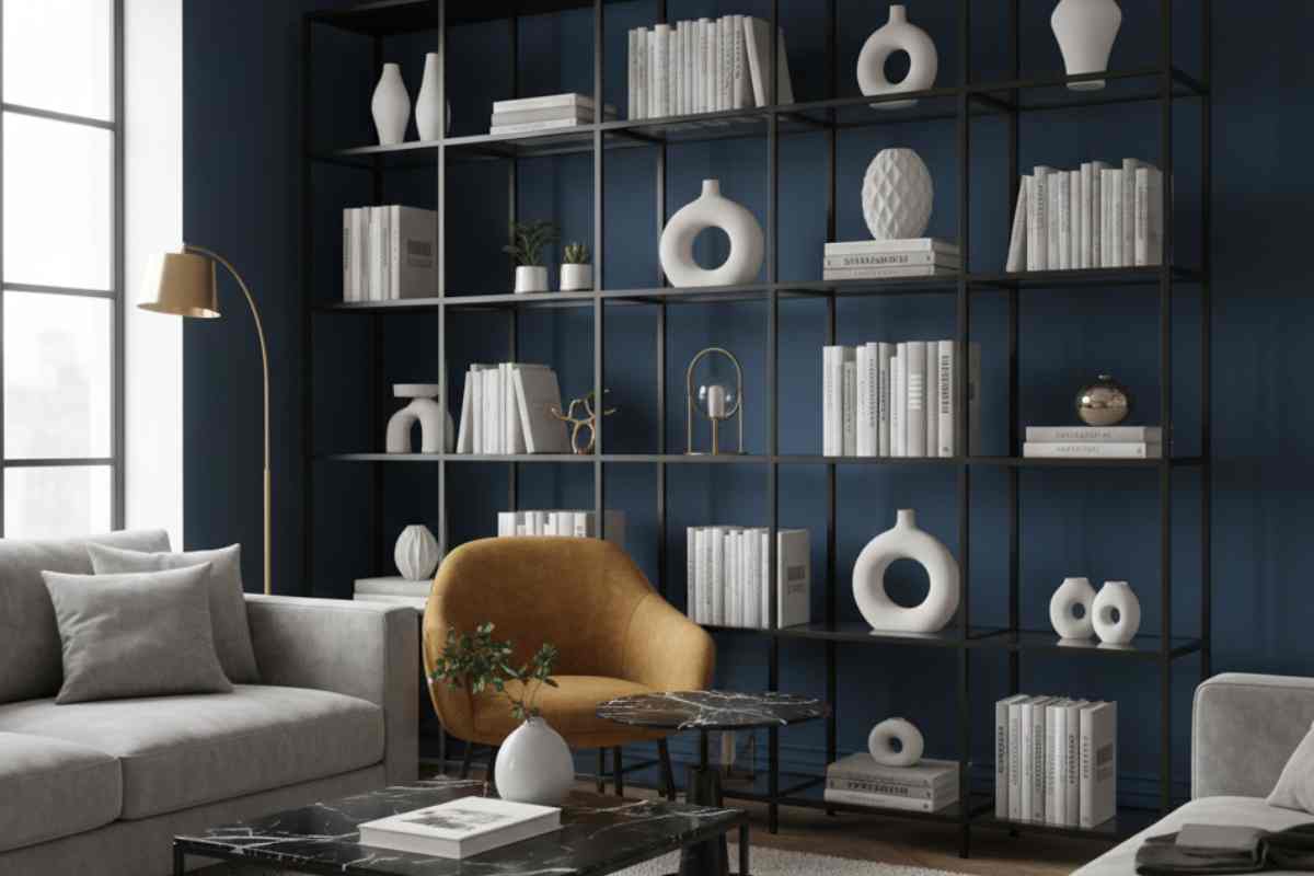 scaffale vittsjö su parete blu e salotto moderno con accenti ocra