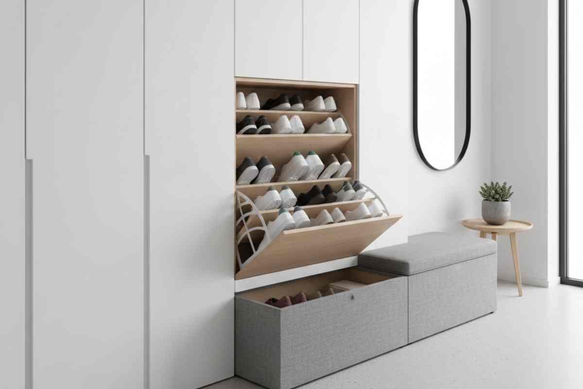 scarpiera all'ingresso di casa sviluppata in altezza