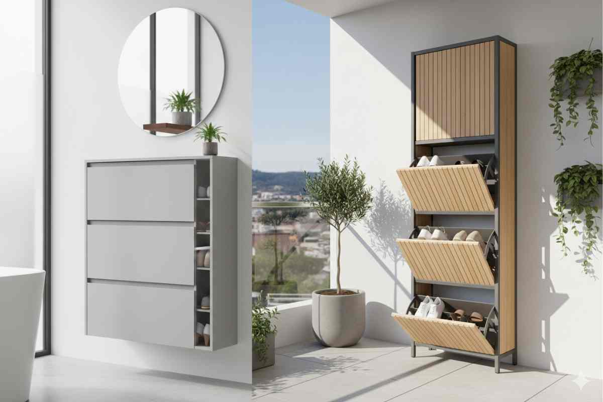 scarpiera in bagno e scarpiera in balcone sviluppata in altezza