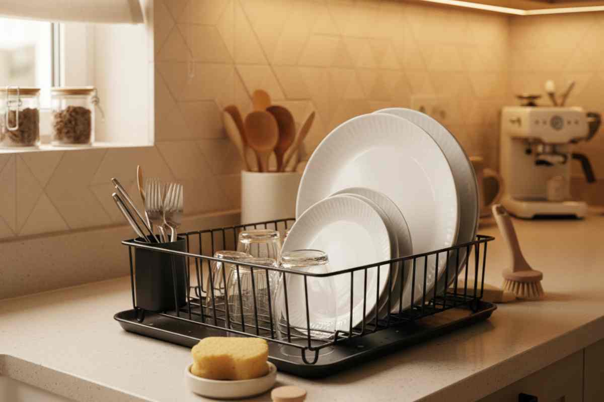 scolapiatti nero con piatti e spugne