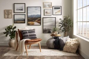 angolo di un soggiorno con quadri alle pareti e sedia a dondolo