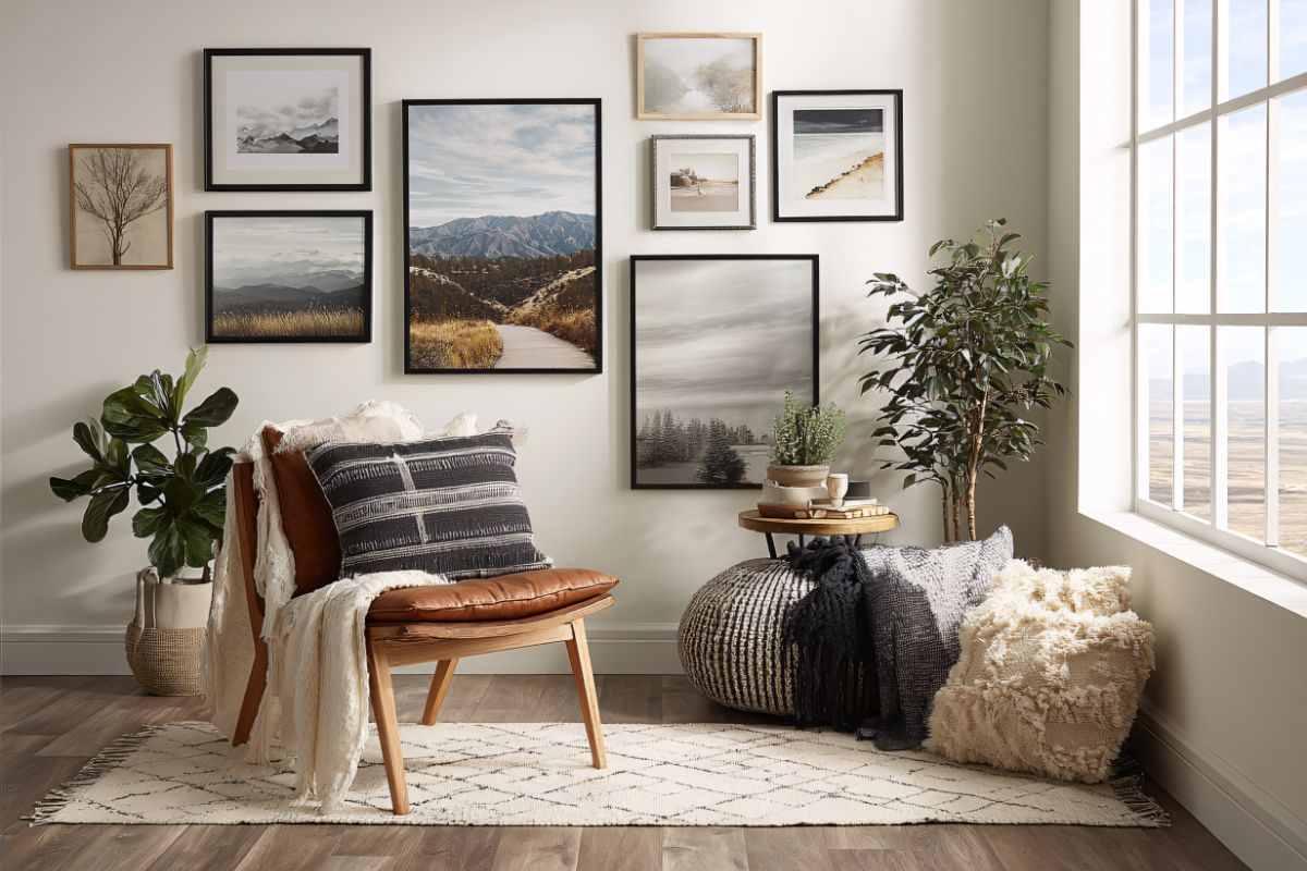 angolo di un soggiorno con quadri alle pareti e sedia a dondolo