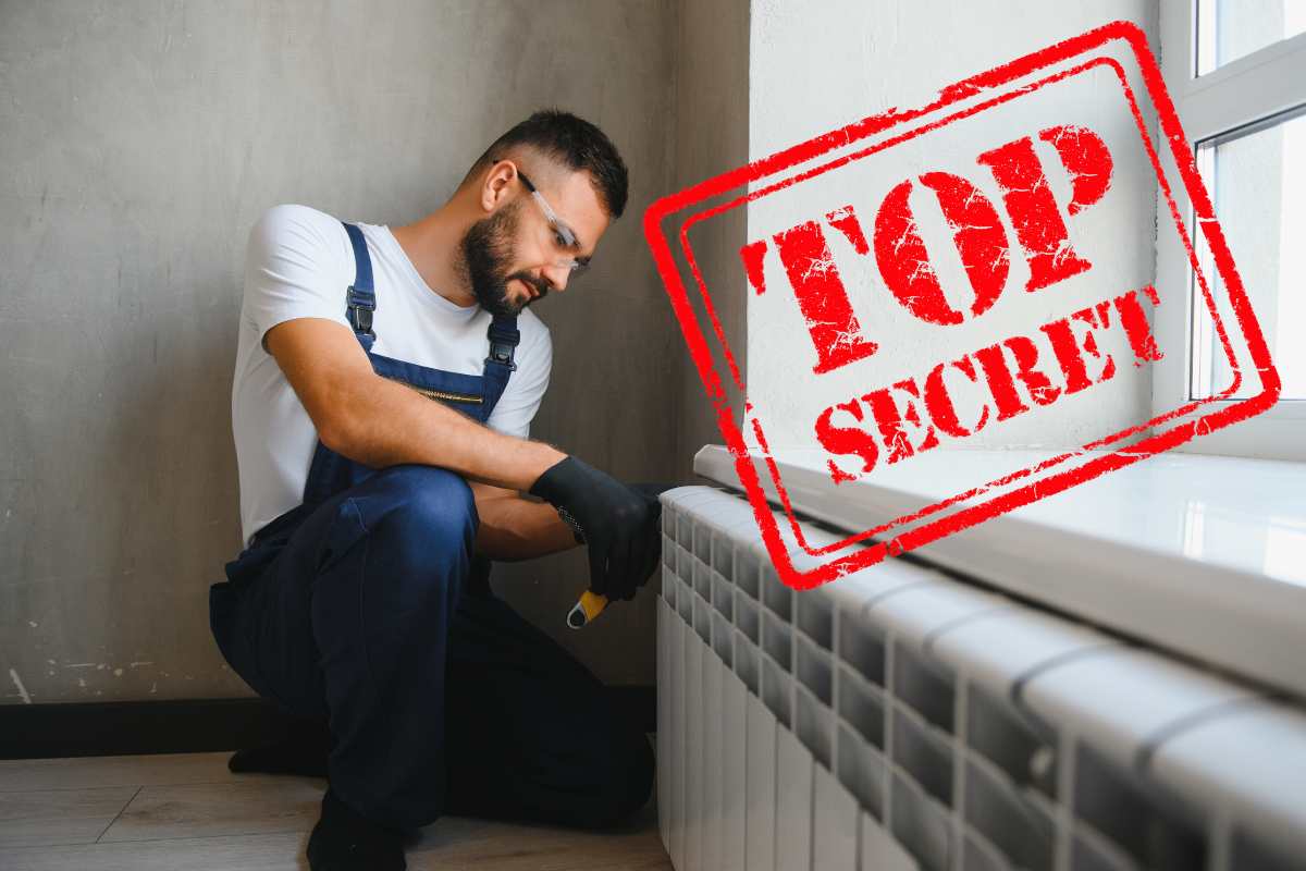idraulico vicino al termosifone che fa cose e scritta top secret in rosso