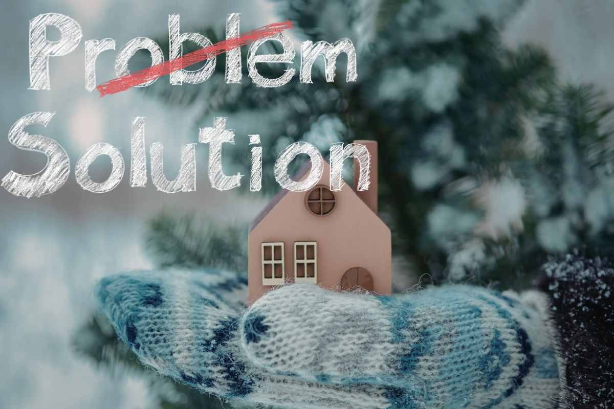 mani con guanti che tengono una casa e scritta problemi barrata con soluzione