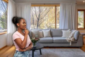 sfondo di un ampio salotto e in primo piano una donna che pensa