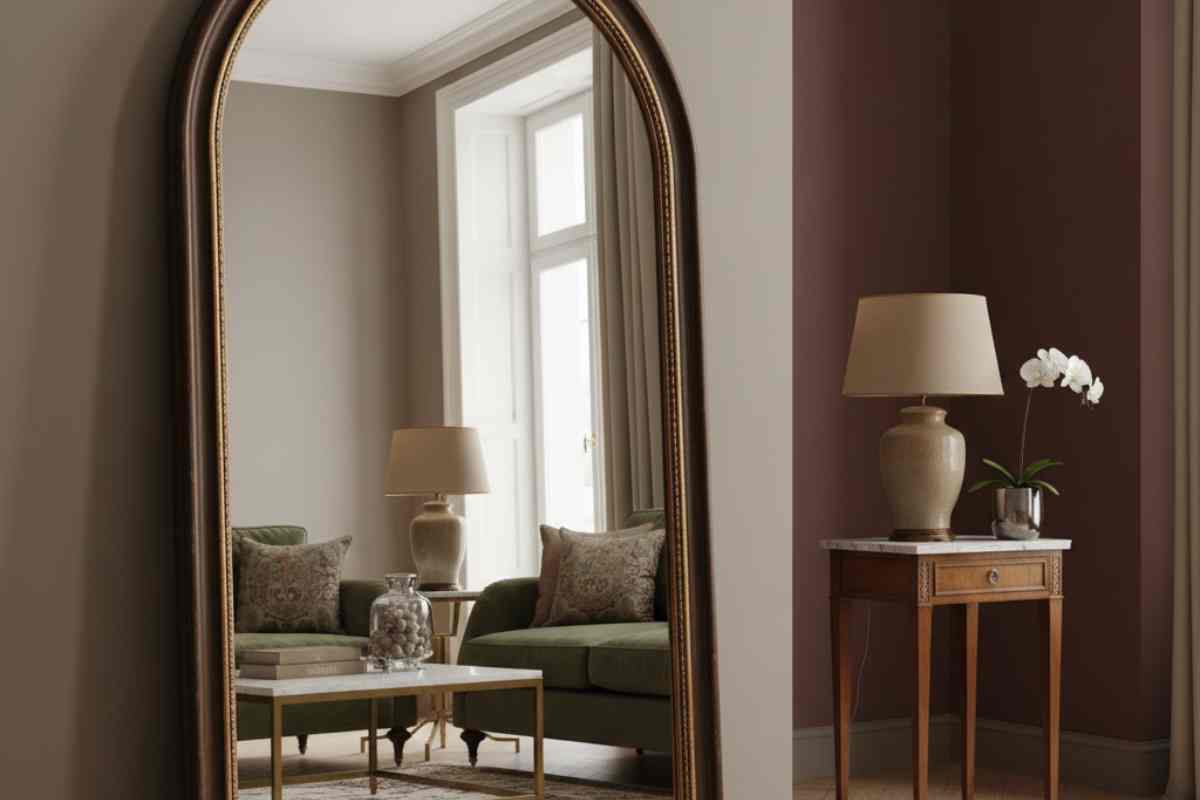 specchio classico appoggiato  in un salotto poggiato