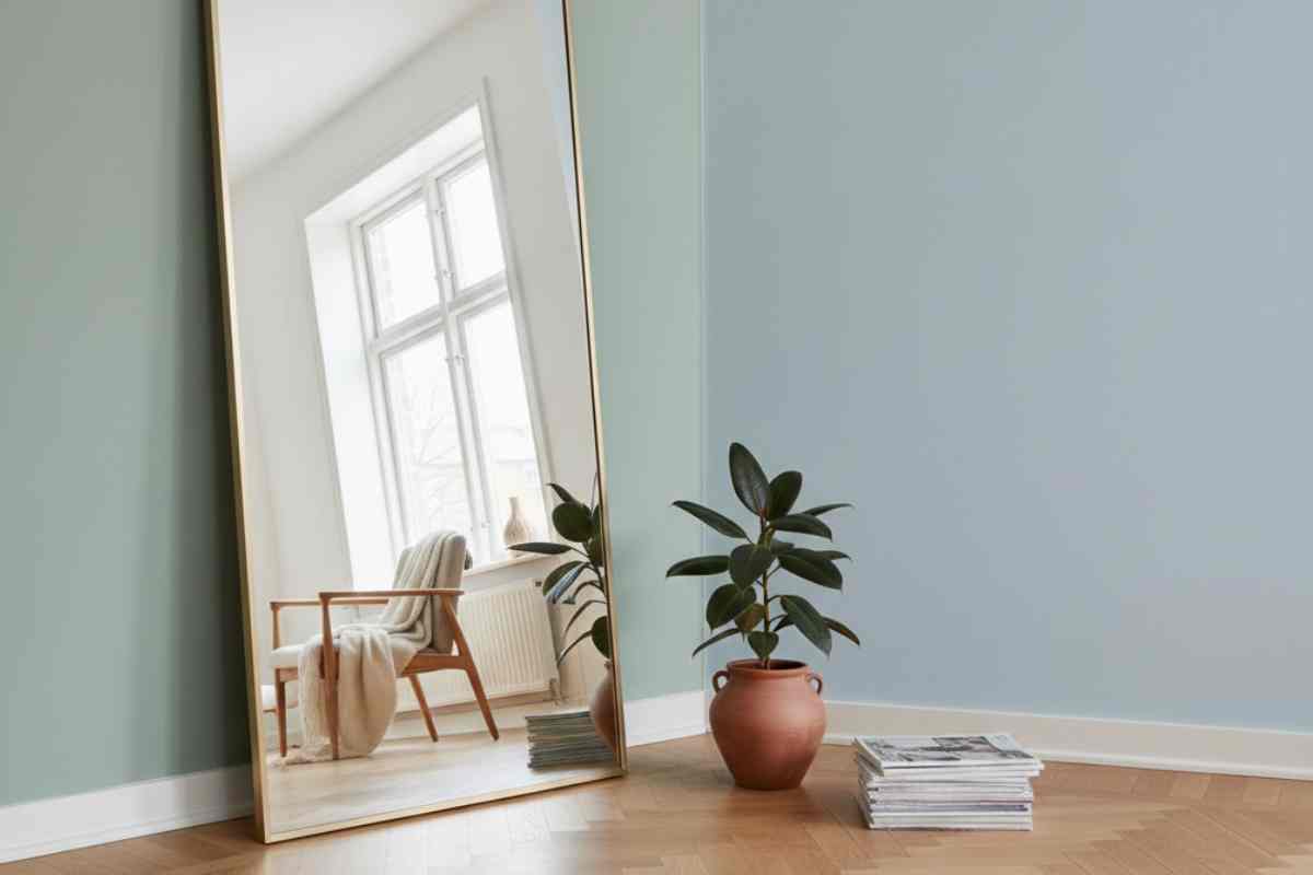 specchio appoggiato ad una parete verde