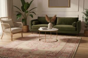 tappeto persiano in un salotto con parquet, divano verde, poltroncina e tavolo