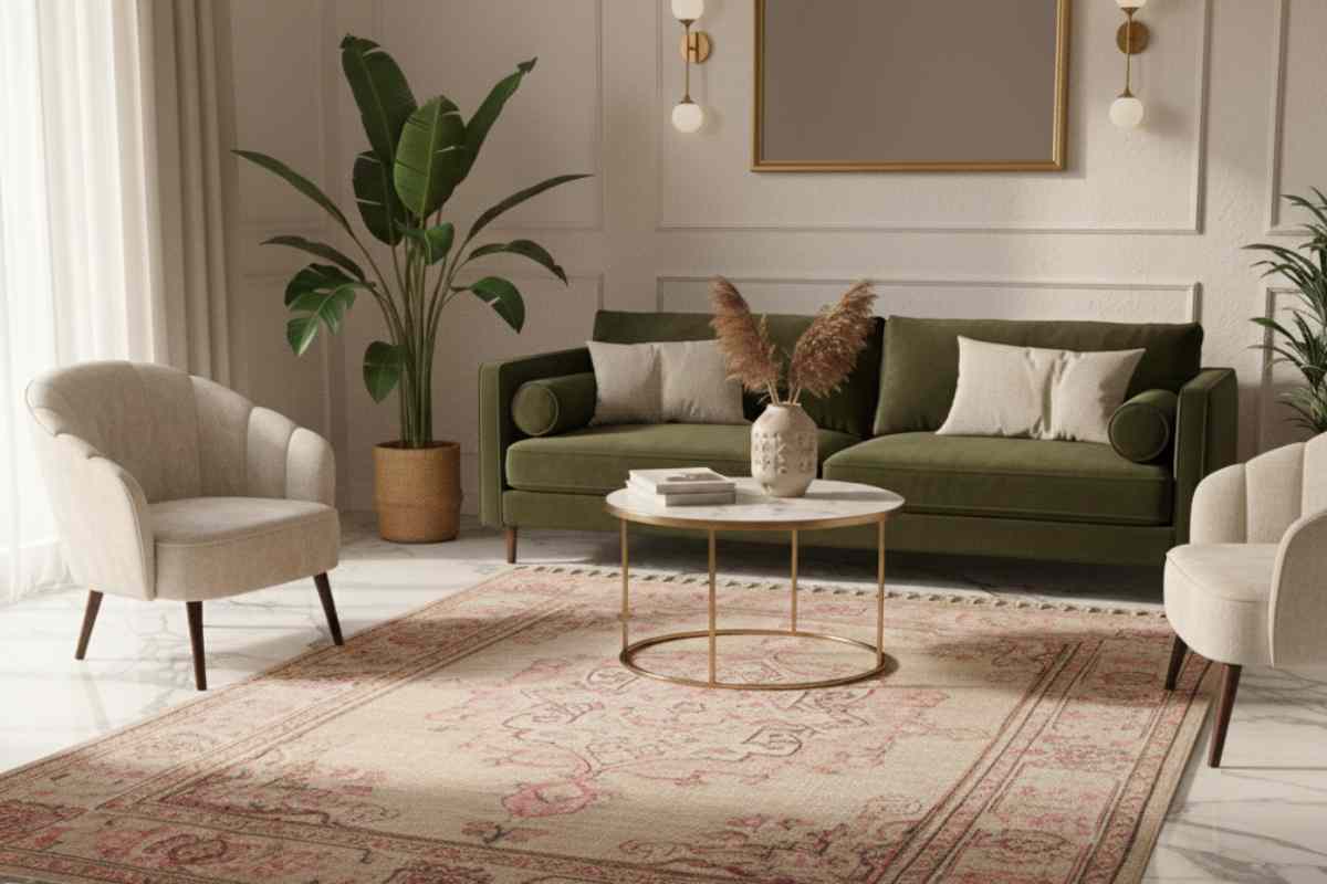 salotto con grande tappeto in un ambiente tra il classico ed il moderno