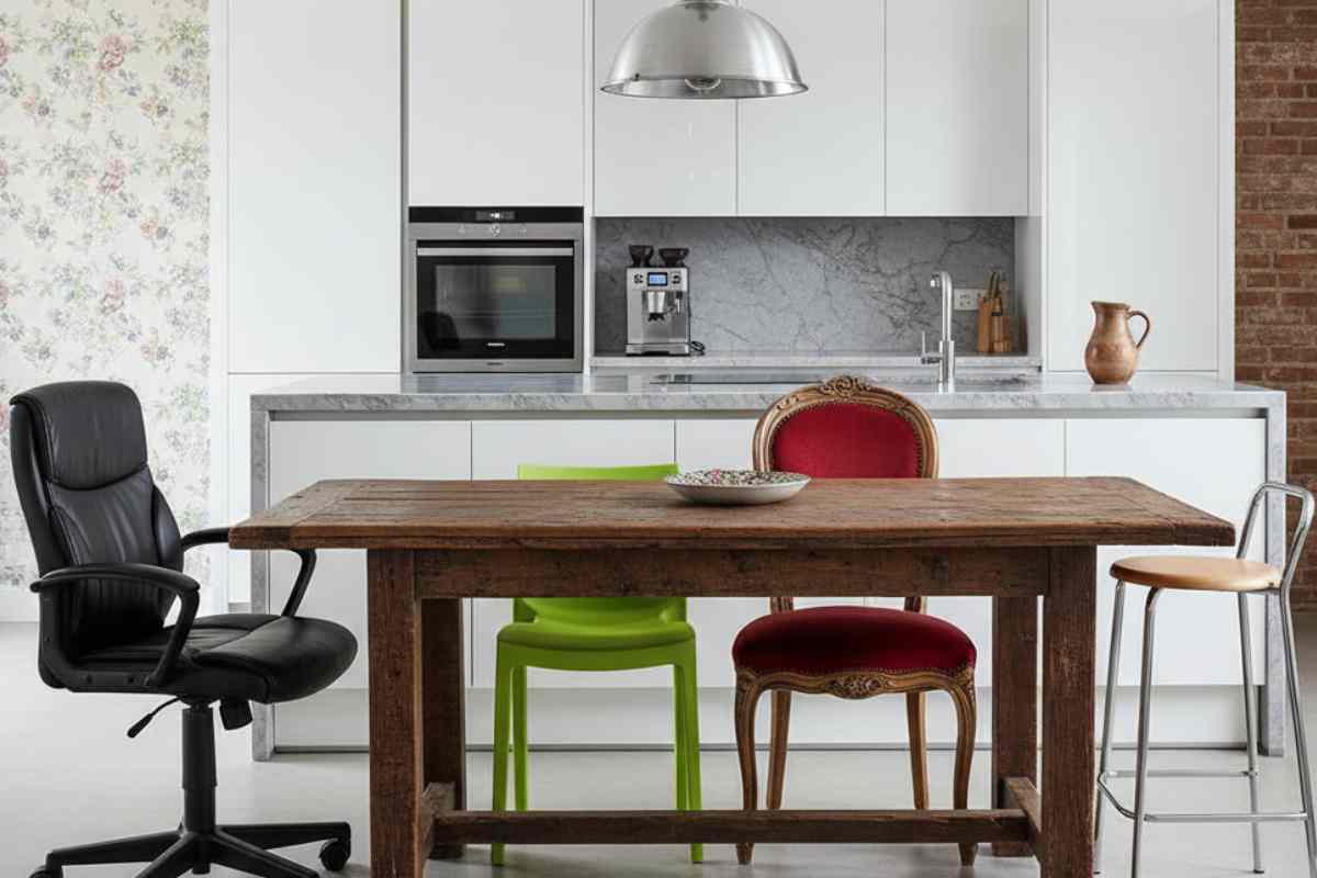 tavolo di legno con sedie tutte diverse