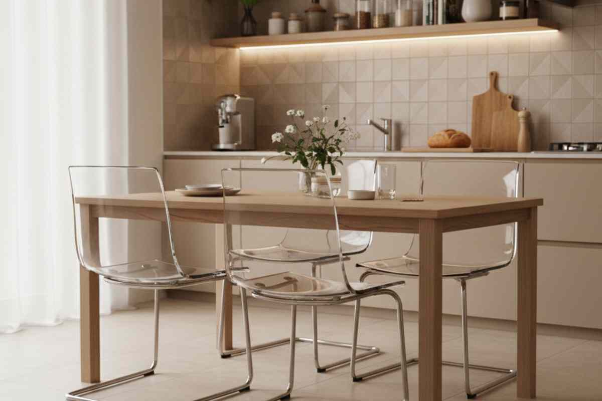 tavolo di legno con sedie tutte trasparenti