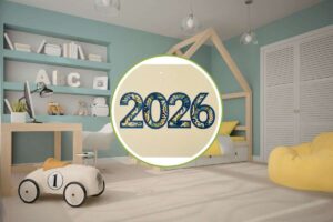 cameretta per bambini e scritta 2026 in primo piano