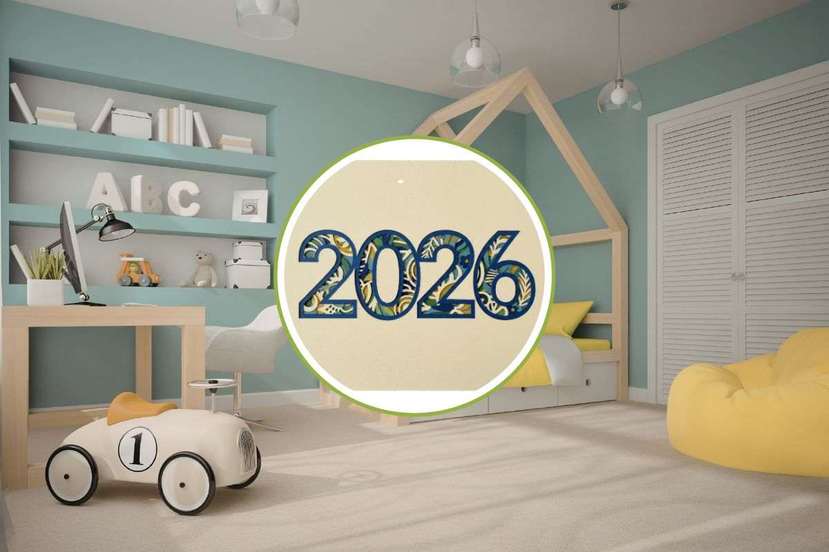 cameretta per bambini e scritta 2026 in primo piano