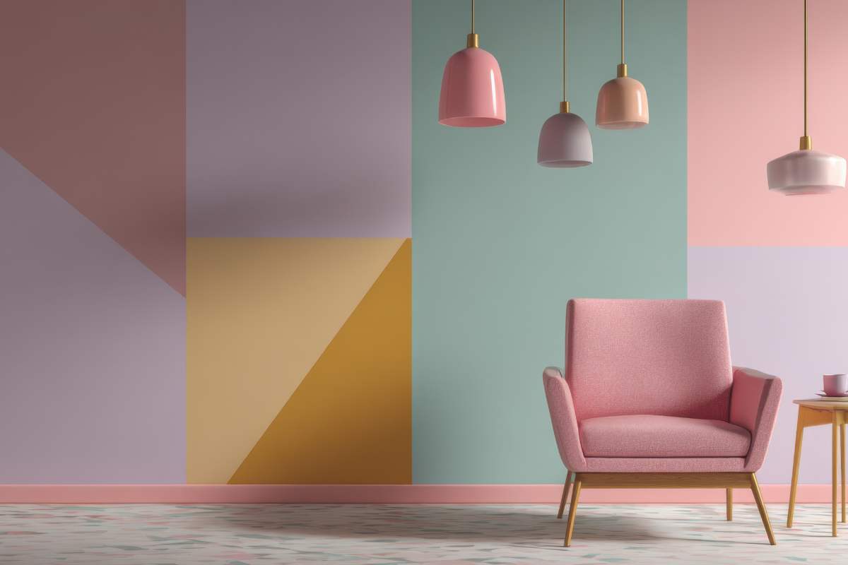 camera con color block pastello e , sedia rosa e lampadari