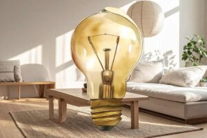 salotto dai colori chiari e lampadina al centro