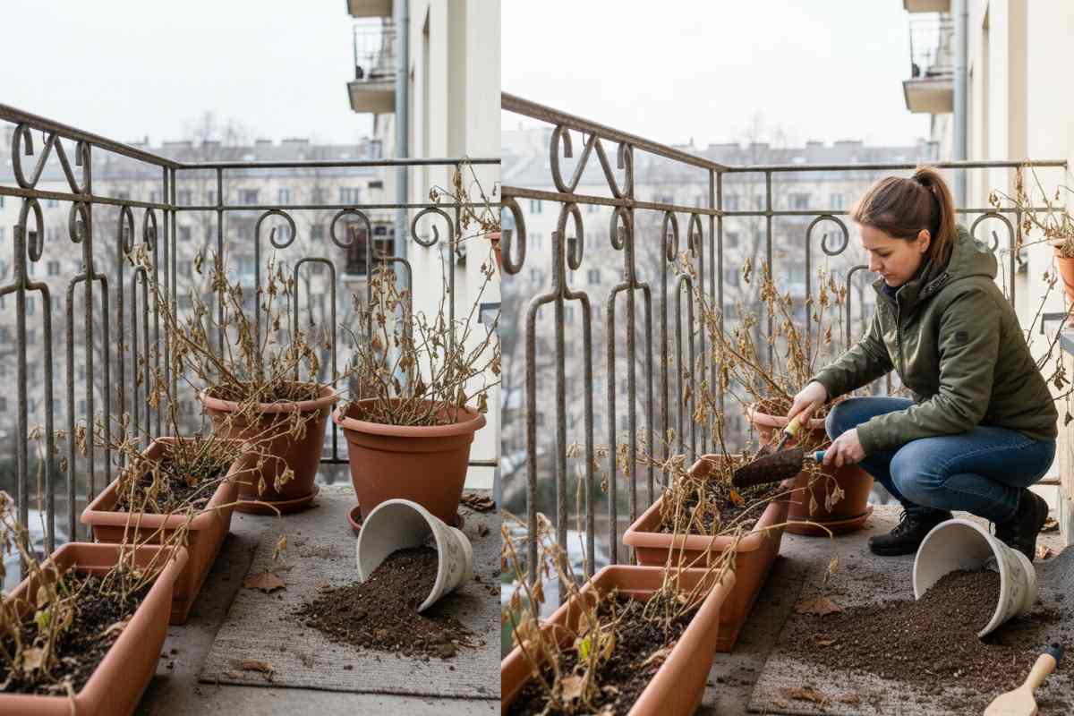 terrazzo disordinato e terrazzo pulito da una donna
