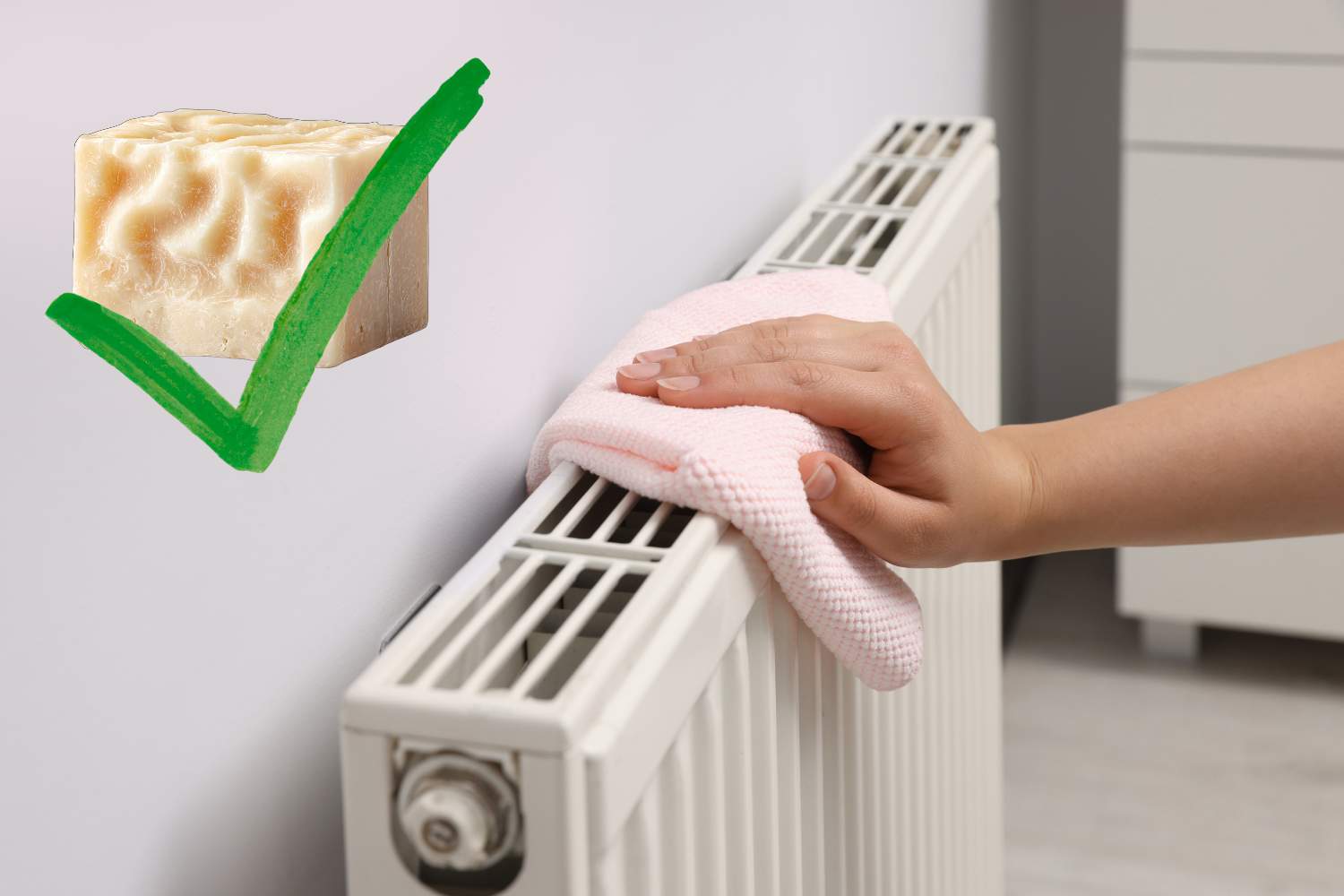 donna che pulisce calorifero e sapone di marsiglia in evidenza con spunta verde