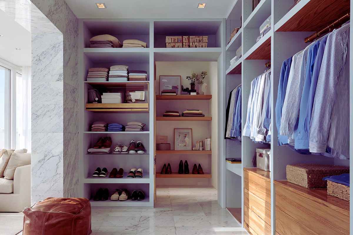 guardaroba con vestiti appesi e ordinati