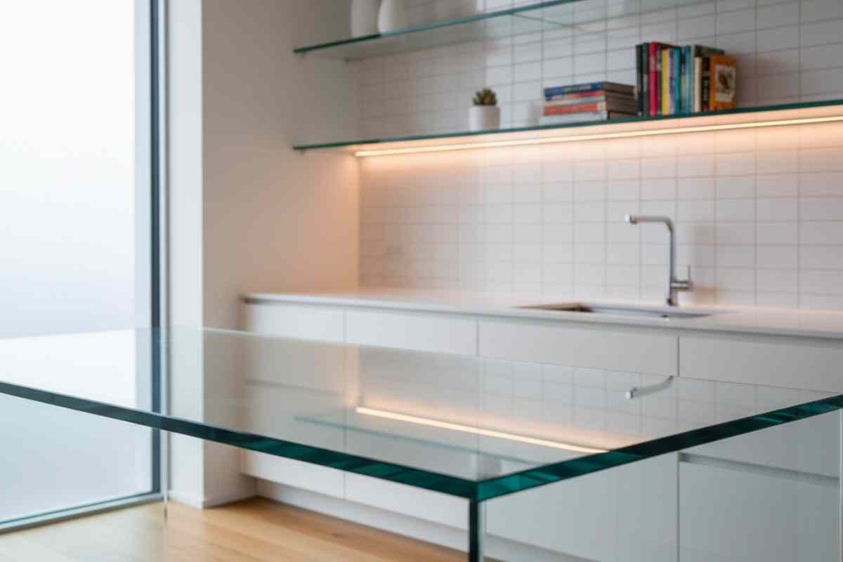 tavolo di vetro e mensole di vetro