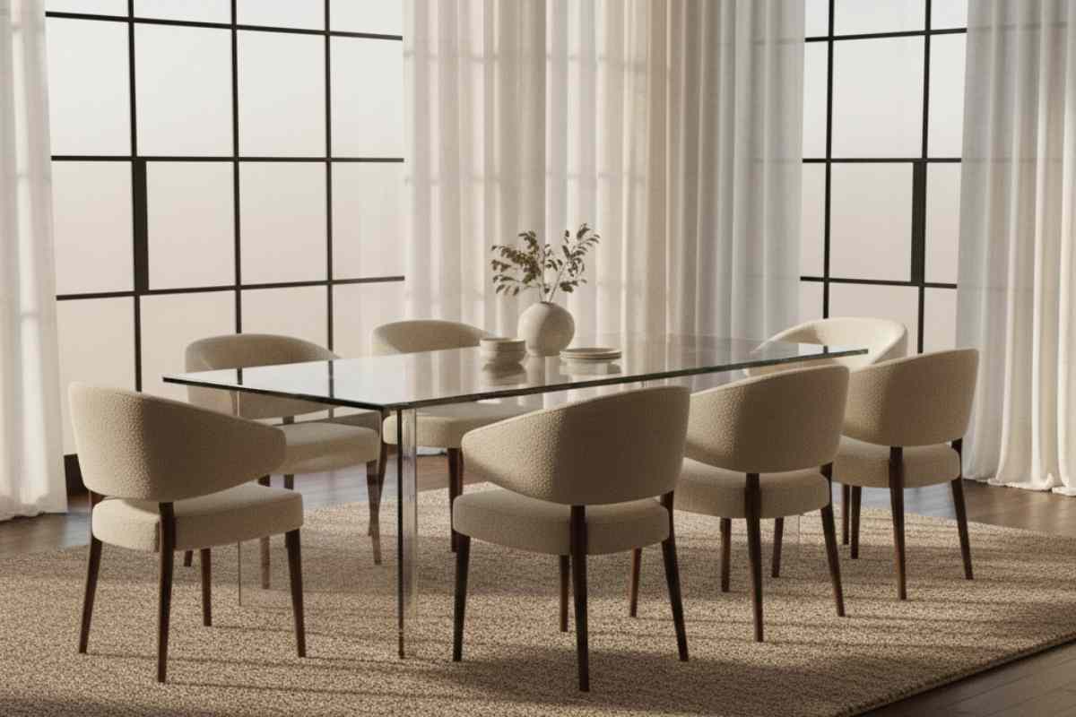 tavolo di vetro con sedie e tende