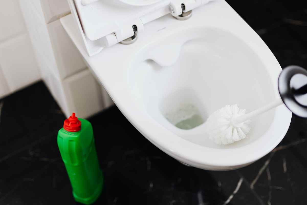 wc cbianco con un detergente vicino ed uno scopino