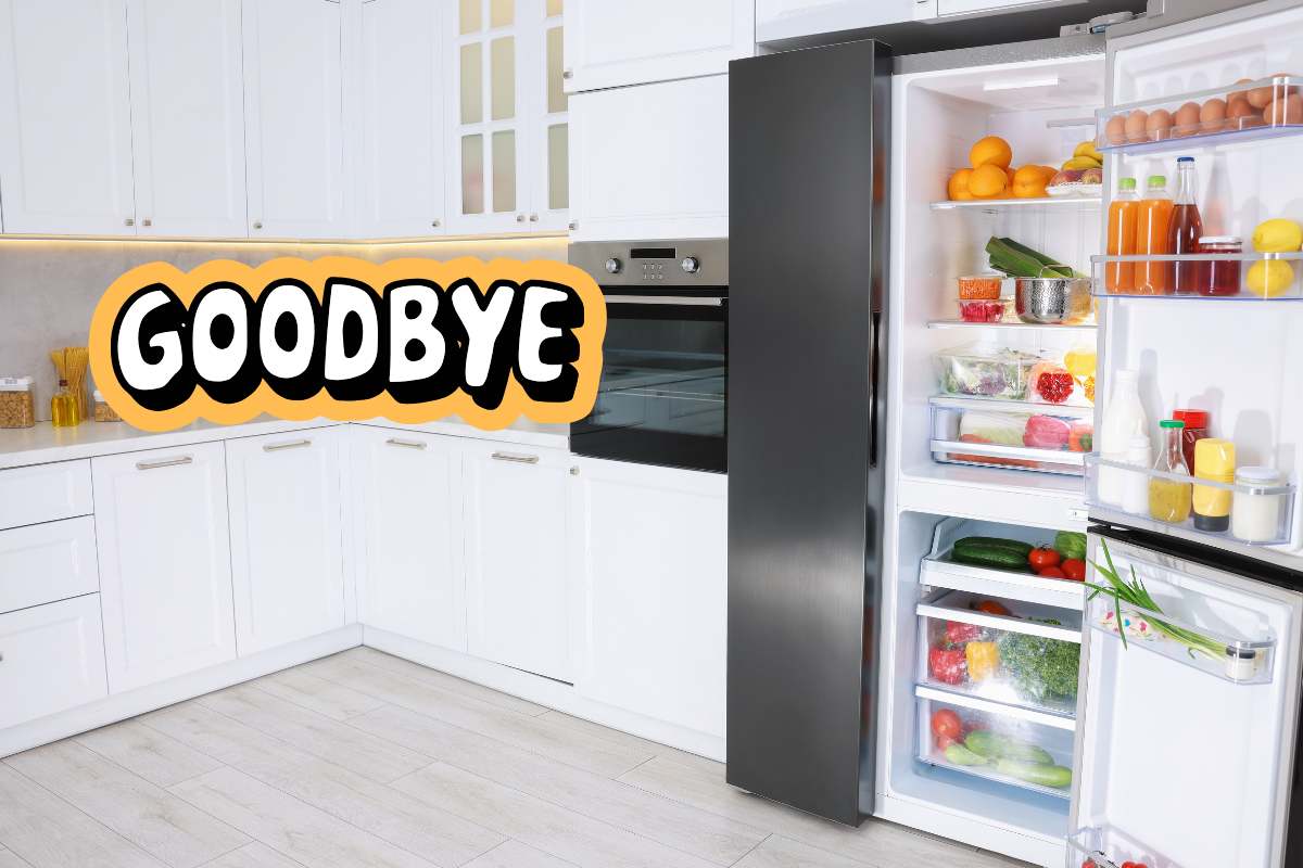 Una cucina con un frigorifero aperto e sulla sinistra la scritta "goodbye"