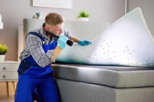 Un ispettore che controlla se ci sono cimici nel letto