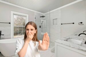 Una donna che sta in un bagno e sente cattivo odore e si tappa il naso