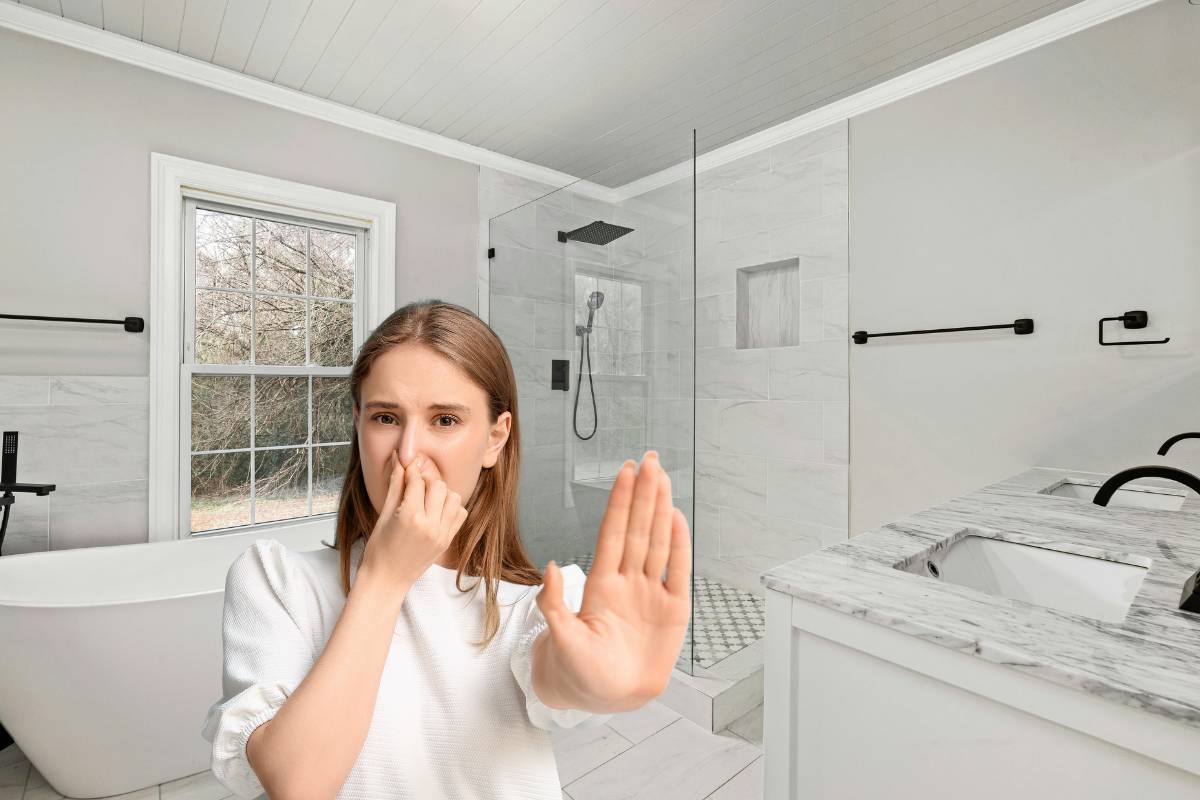 Una donna che sta in un bagno e sente cattivo odore e si tappa il naso