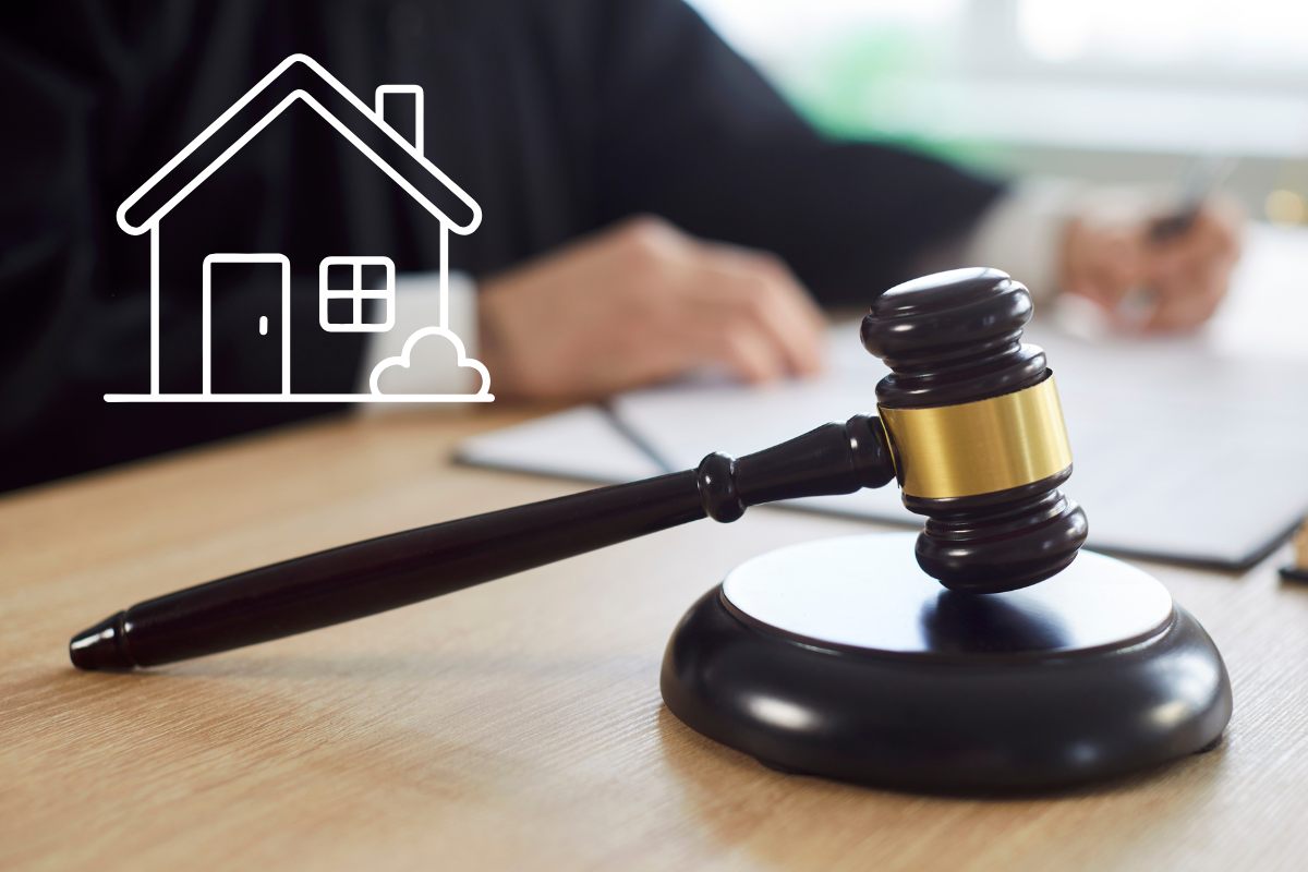 Un giudice con il suo martello ed una grafica di una casa in primo piano