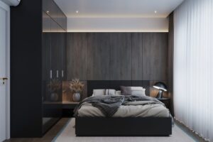 Una camera da letto con la parete che sta dietro il letto con un design differente