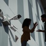 Delle telecamere in un condominio e delle persone che discutono