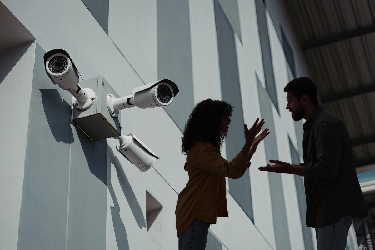 Delle telecamere in un condominio e delle persone che discutono