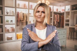 Cabina armadio sullo sfondo con vestiti ed oggetti vari e donna che fa segno no con le braccia