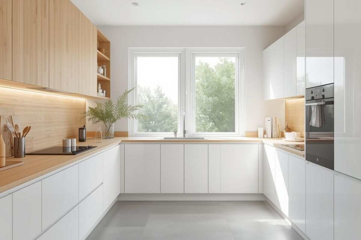 ampia cucina moderna e luminosa di colore bianco con finiture in legno