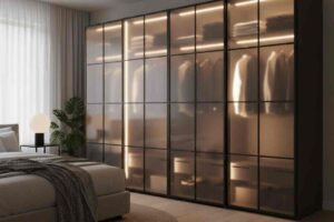 armadio con ante scorrevoli trasparenti e fumè