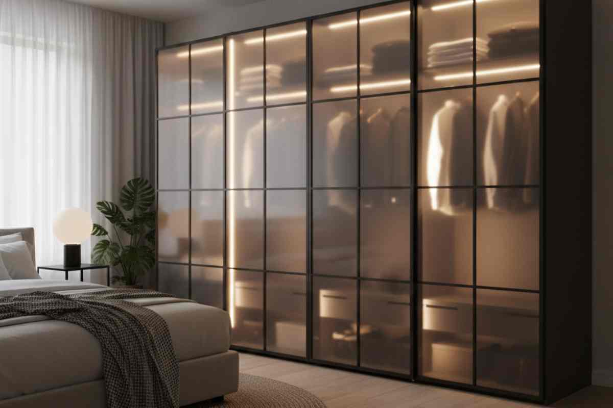 armadio con ante scorrevoli trasparenti e fumè