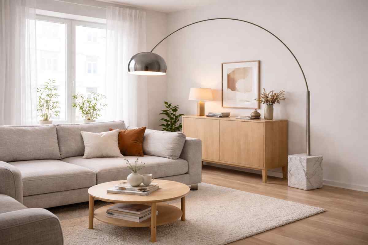 arco flos integrat ain un salotto piccolo vicino al divano