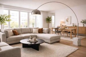 lampada arco di flos integrata in un salotto moderno