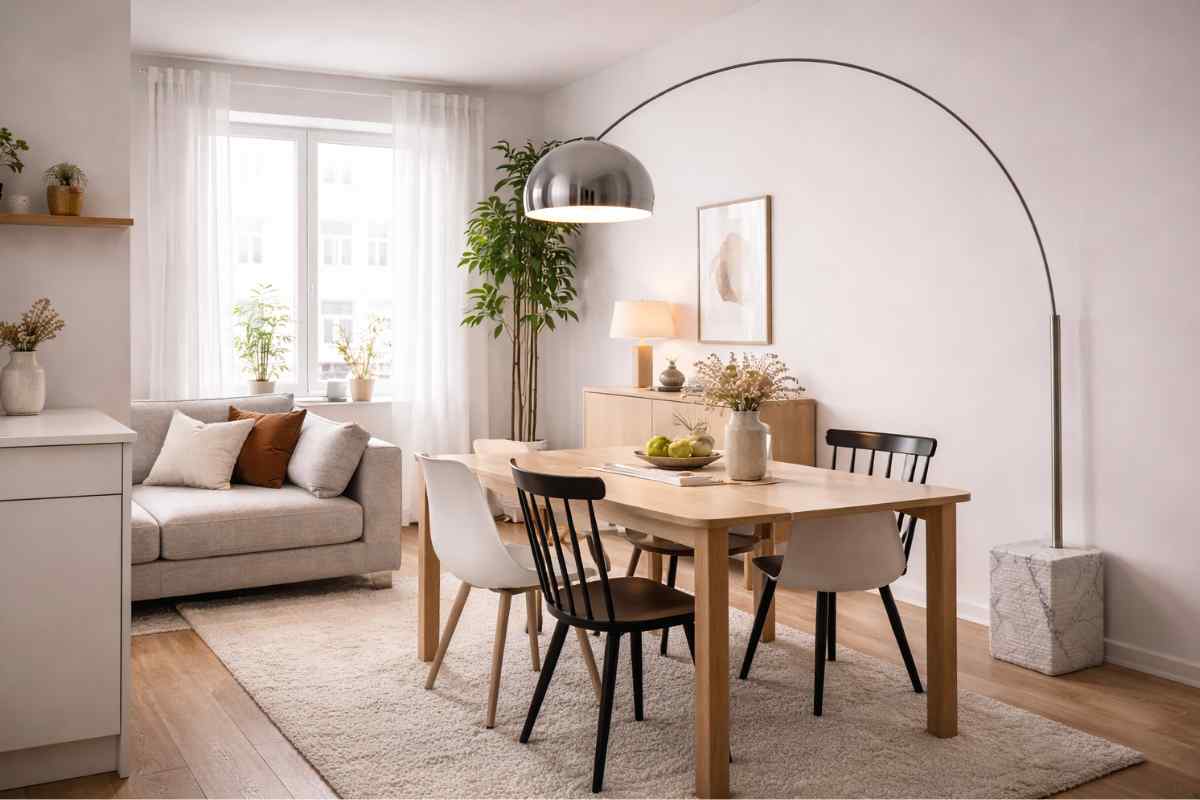 arco flos integrata in un salotto vicino al tavolo da pranzo