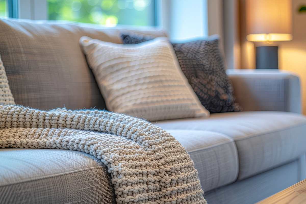 Divano grigio e cuscini degli stessi torni