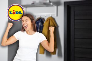panni attaccati all'attaccapanni, logo lidl e donna che esulta