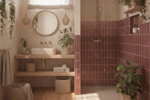 bagno beige e borgogna