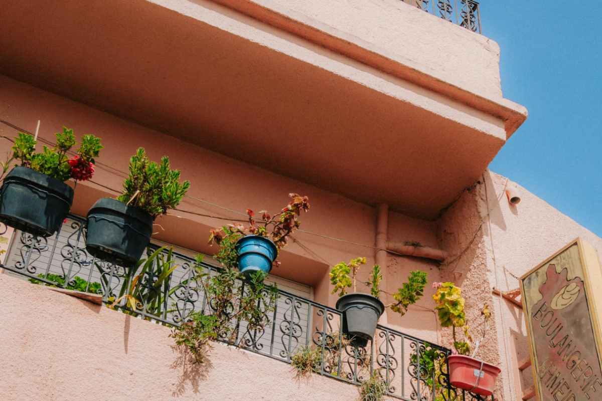 balcone con vasi visto dal basso 