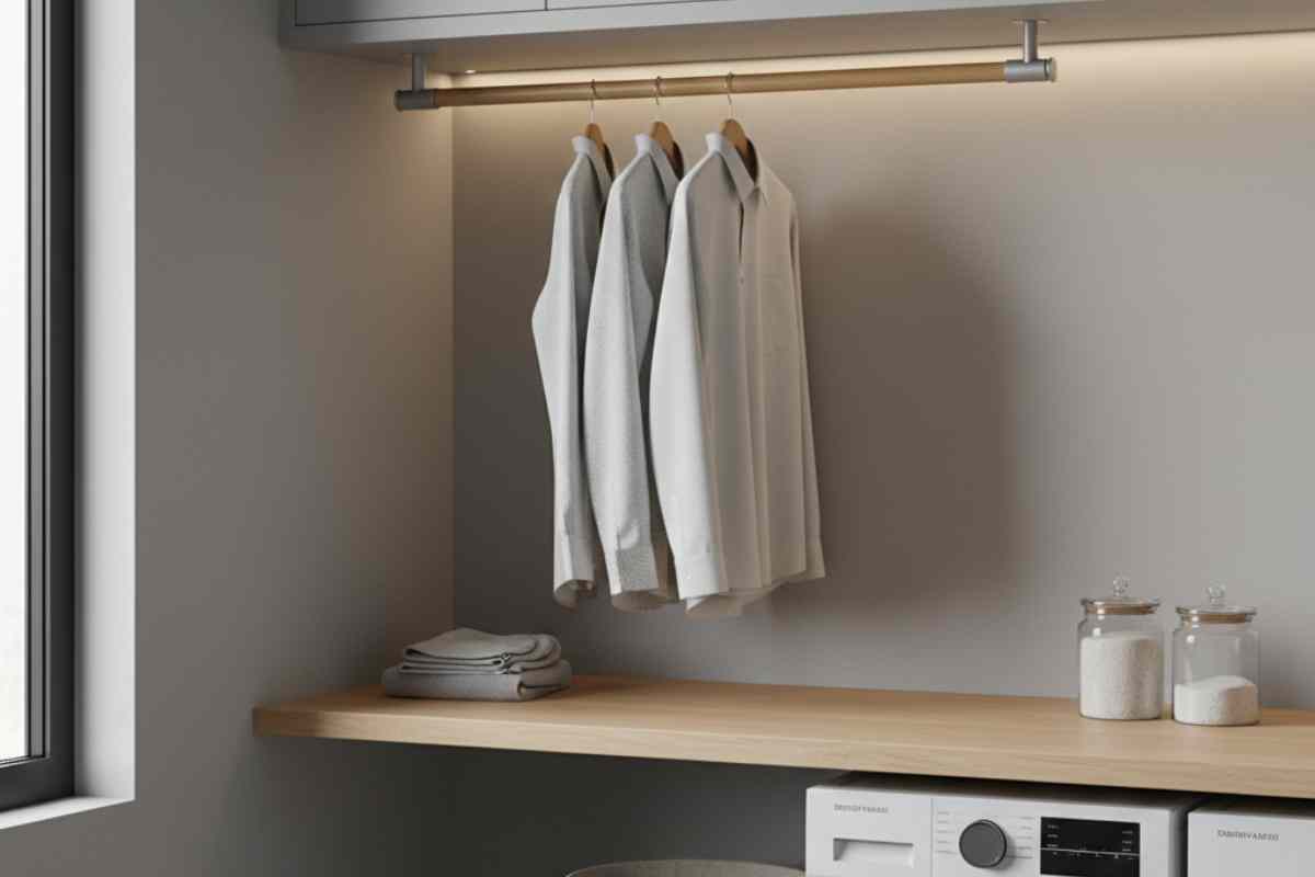 barra pieghevole con appese le camicie in una lavanderia